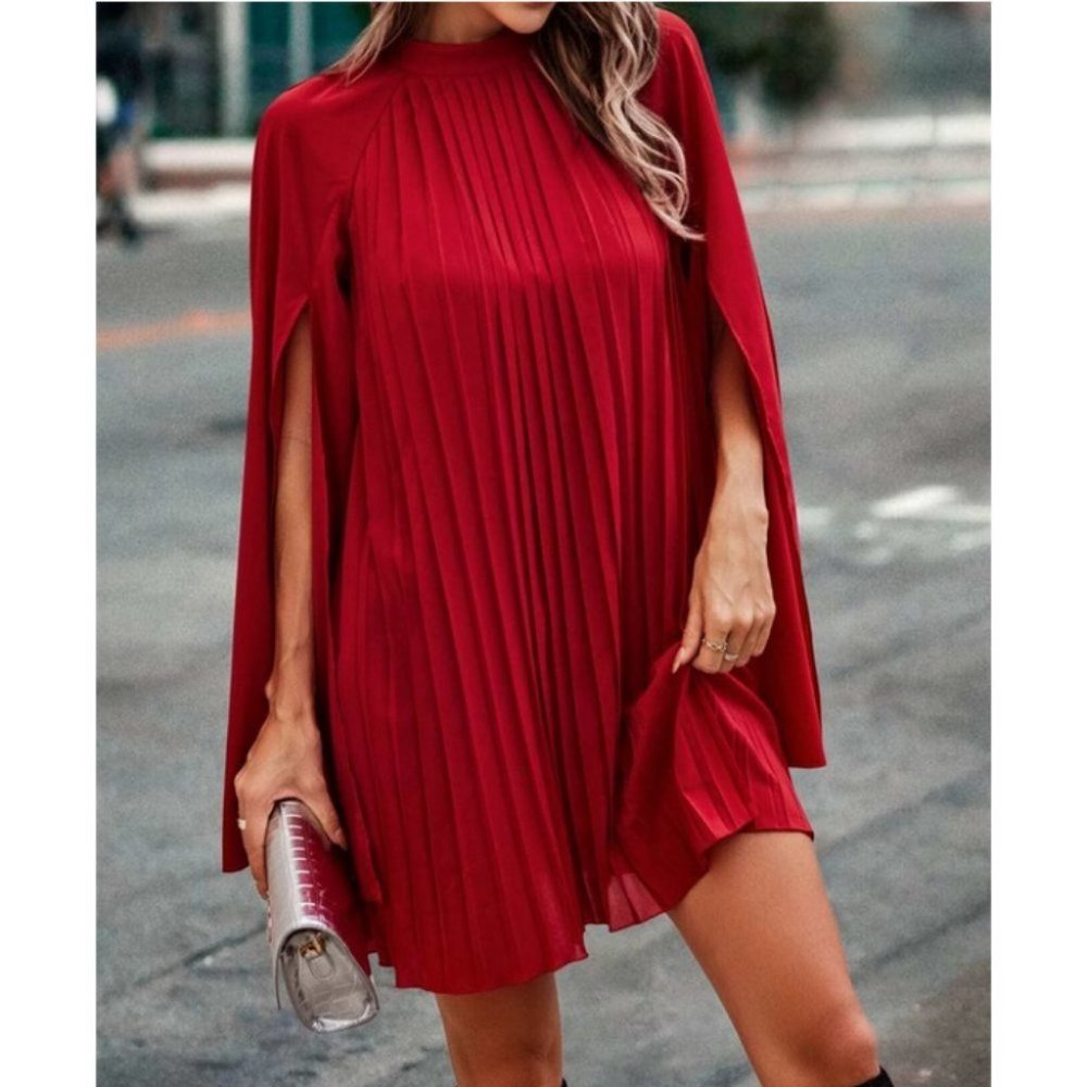 Pleated Cloak Sleeve mini  red Dress